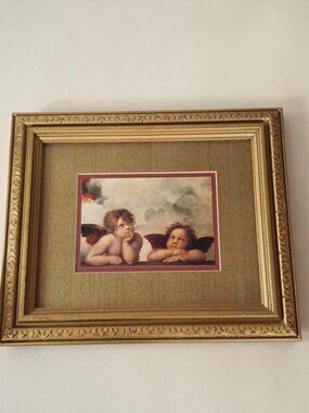 VTG Gold Wood Frame Art Print Cherubs Sistine Madonna, Raphael Gold 13” X 10”